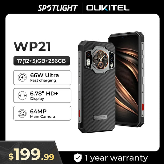 Oukitel WP21 Rugged Cell Phone Night Vision, 9800 mAh, Mobile phone 12GB+256GB, 64MP Camera, Smartphone 66W,120 Hz Helio G99