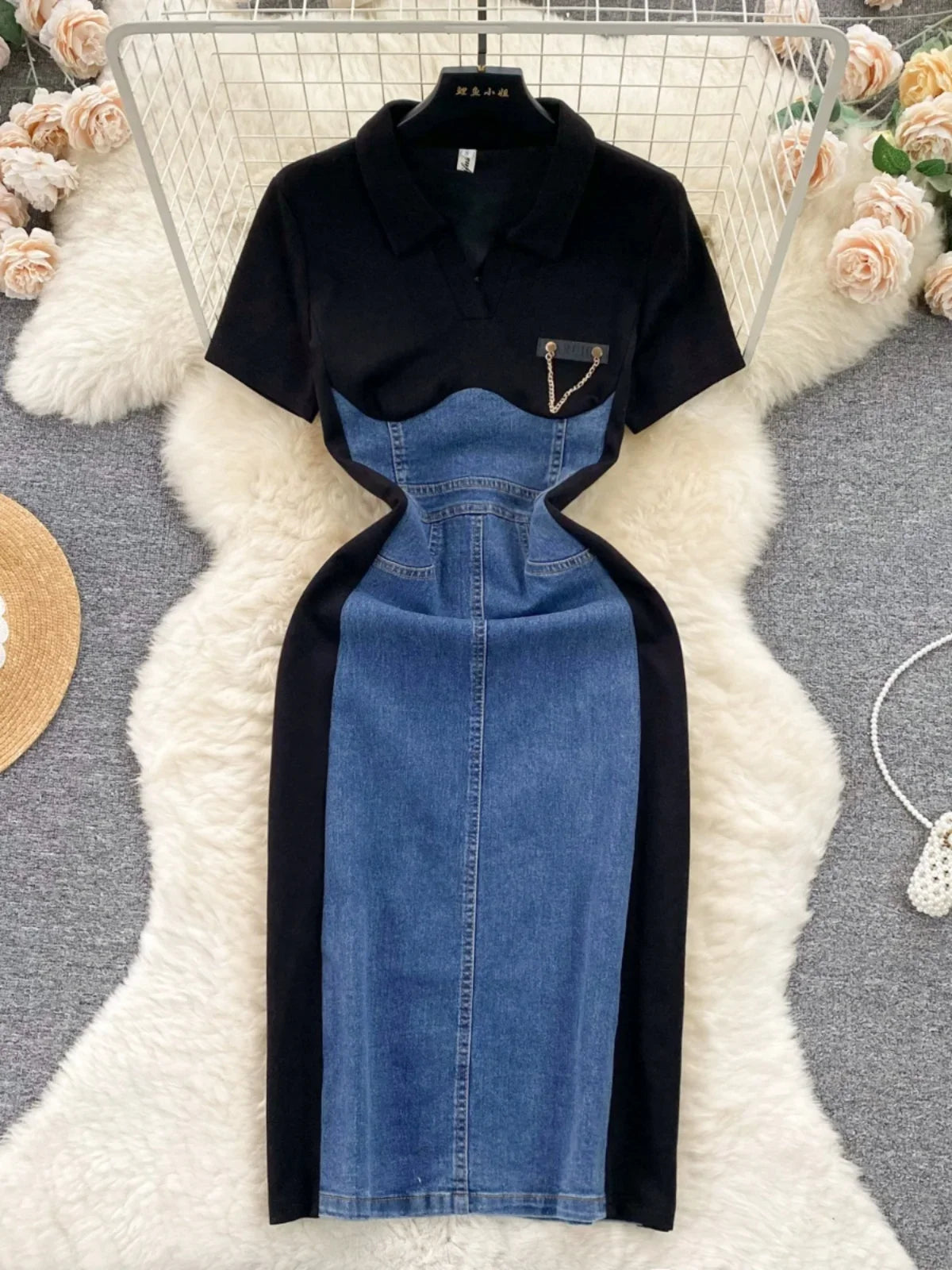 High Waist Bodycon Vestidos Mujer Women 2025 Dresses Contrast Fake Two Piece Dress Casual Fashion Vestido Temperament Robes
