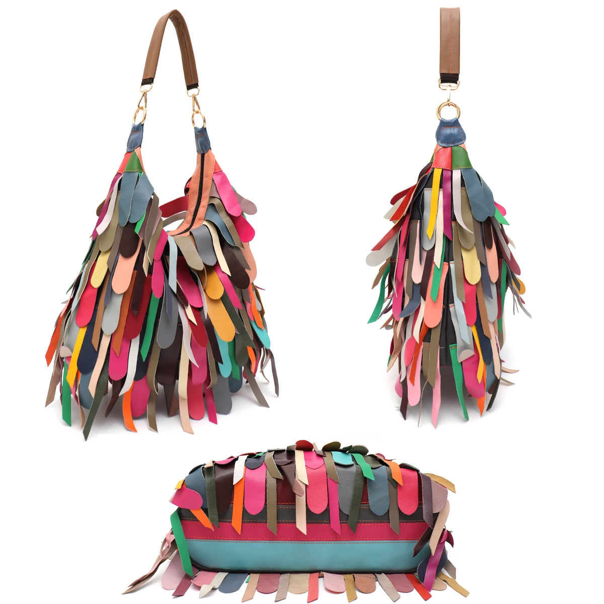 Women Daily Casual Slouchy Boho Style Colorful Real Sheepskin Tassel Fringe Hobo Shoulder Cross body Bag Genuine Leather Handbag