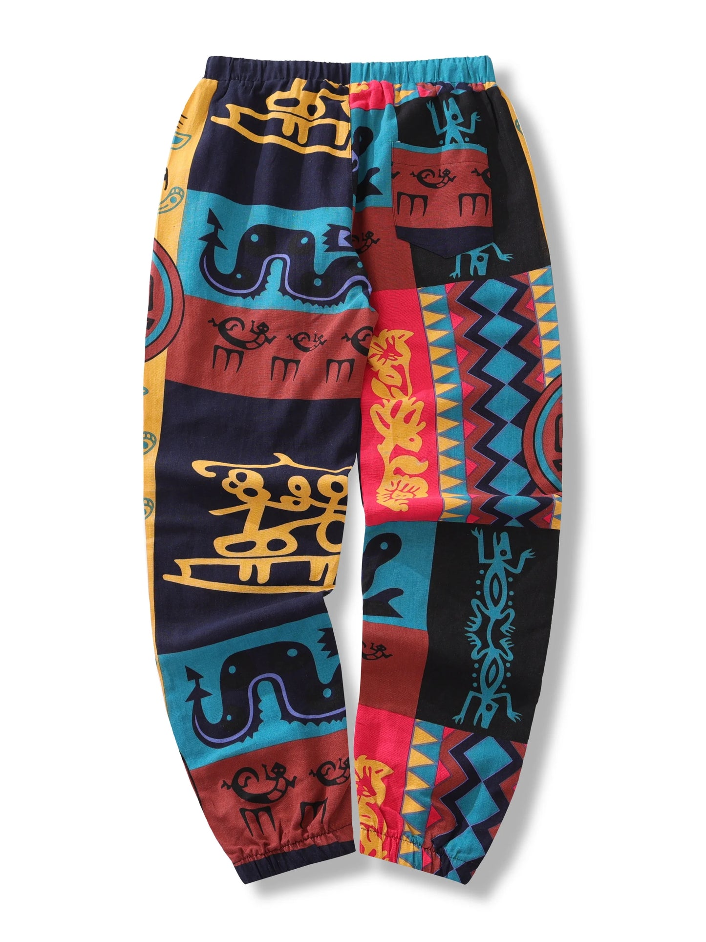 男士波西米亞部落印花彈性亞麻褲棉混紡抽繩輕便長褲帶口袋夏季慢跑褲