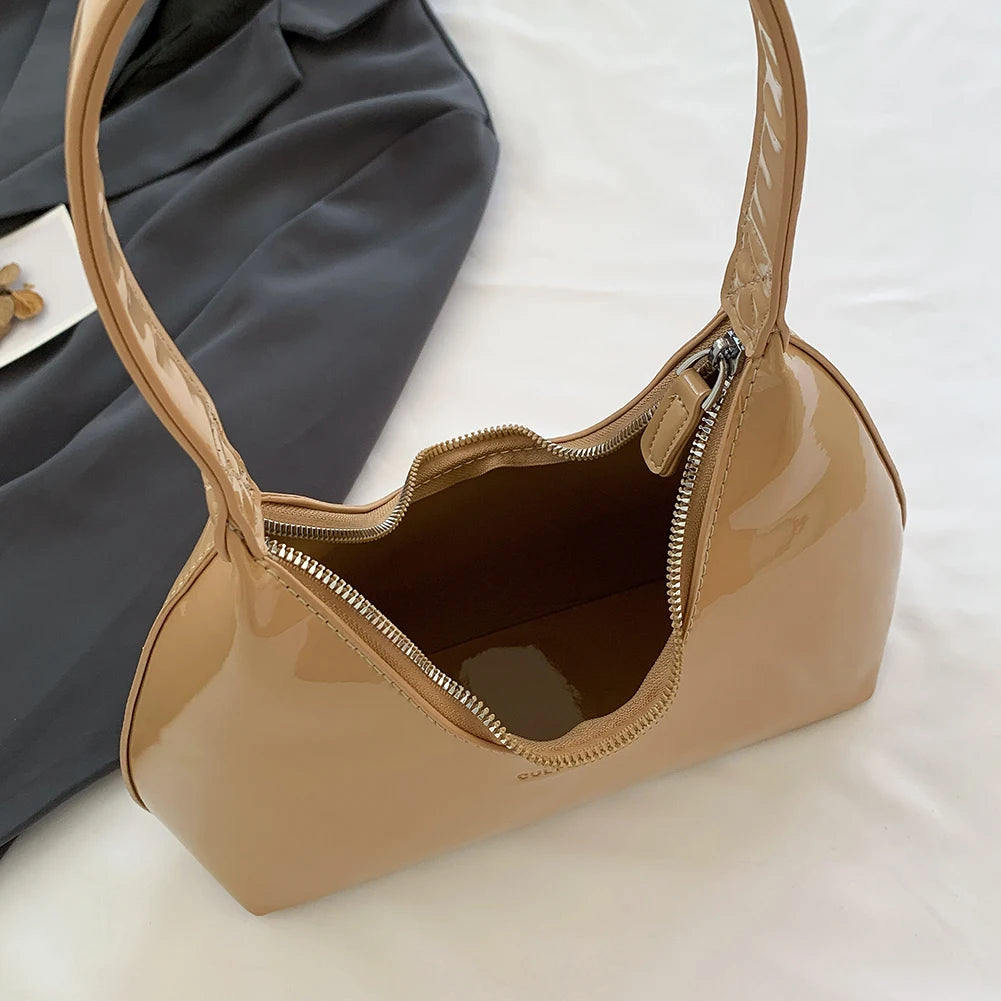 Women Patent Leather Tote Bag Versatile Fashion Shoulder Bag Casual Satchel Hobo Bag Underarm Bag Girl Zipper Small Handbags