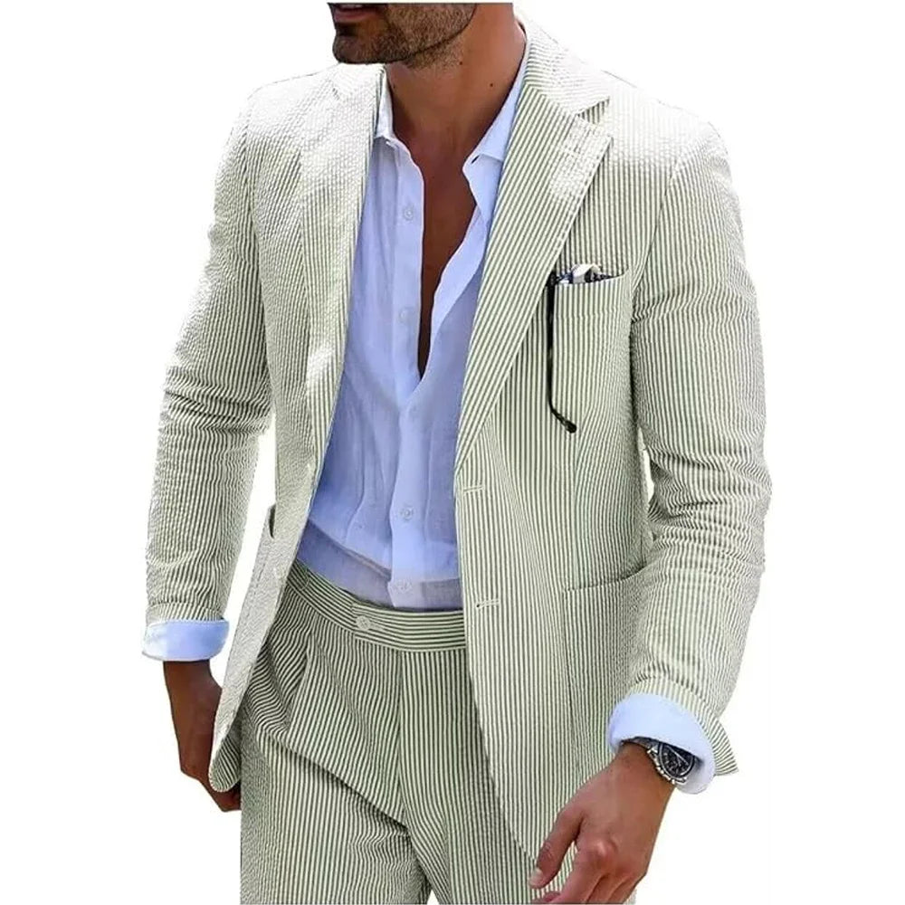 Costume d'été à rayures pour homme, 2 pièces, en seersucker, revers crantés, costume de fête de mariage, veste, pantalon, blazer décontracté, coupe slim