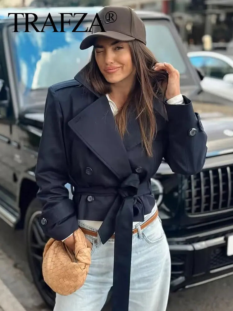 TRAFZA 2025 Spring Retro V-neck Double Breasted Women's Pocket Top Loose Jacket Women's Street Casual Lace-up Short Trench Coat