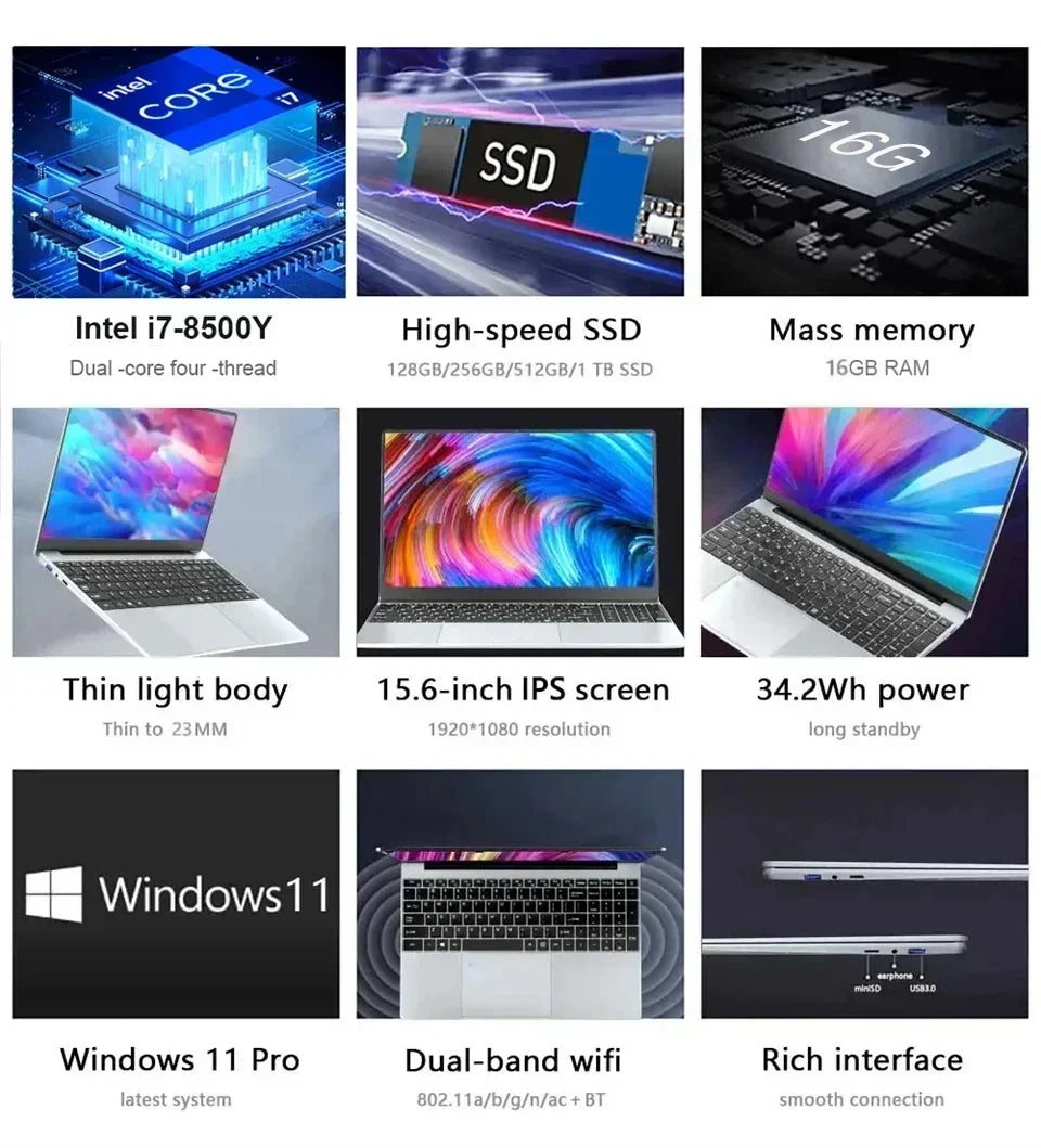 2025 New laptop 15.6 Inch Laptop Windows 11 Intel Core i7 8500Y 16GB RAM 1TB SSD Fingerprint Unlock Study Office Pc Laptops