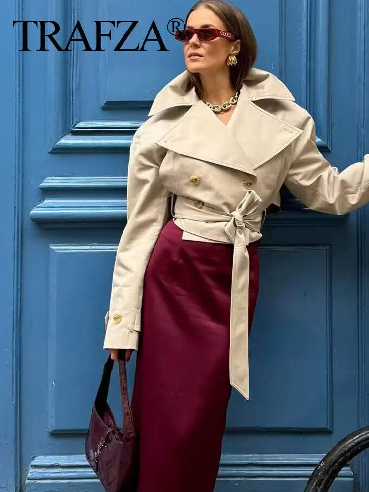 TRAFZA 2025 Spring Retro V-neck Double Breasted Women's Pocket Top Loose Jacket Women's Street Casual Lace-up Short Trench Coat