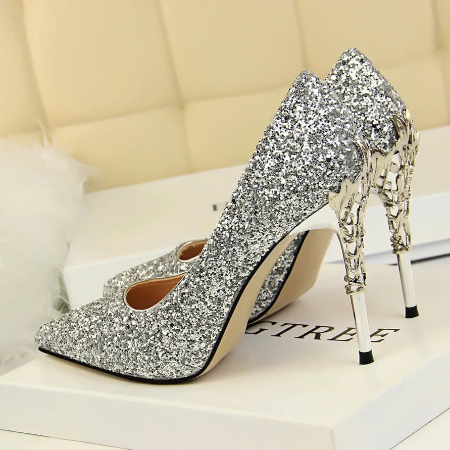 Women 9.5cm High Heels Pumps Lady Wedding Bridal Gold Silver Stiletto Heels Nightclub Event Party Sparkly Sequins Bling Shoes