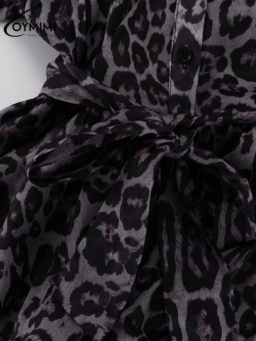 Oymimi Fashion Brown Leopard Print Women's Dress Elegant Long Sleeve Buton Lace-Up Dresses Casual Cascading Ruffle Mini Dresses