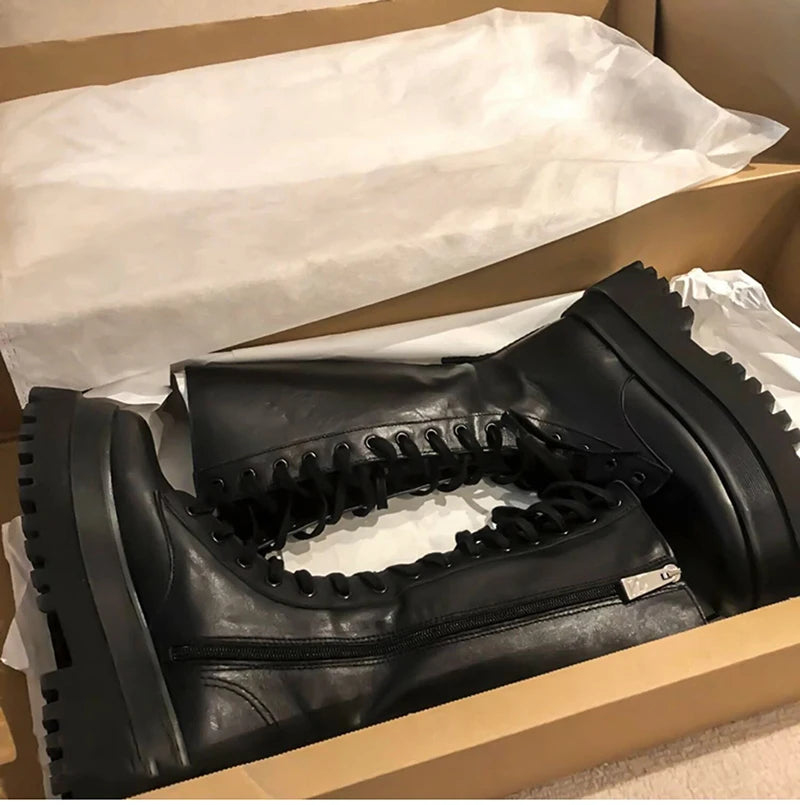 Chunky Women Motorcycle High Boots Fashion Lace Up Long Boots Platform Flats Autumn Winter Ladies Shoes
