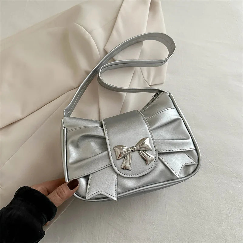 Sweet Bow Small Underarm Bag for Women Fashion PU Leather Ladies Portable Shoulder Bags Solid Color Female Clutch Handbags