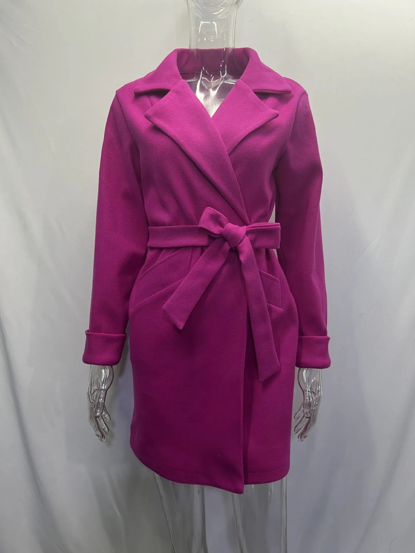 2023 Women Hot Pink Trench Coat Casual Mid Long Overcoat Lapel Open Front Cardigan Outwear Woolen Boot Winter Jackets for Women