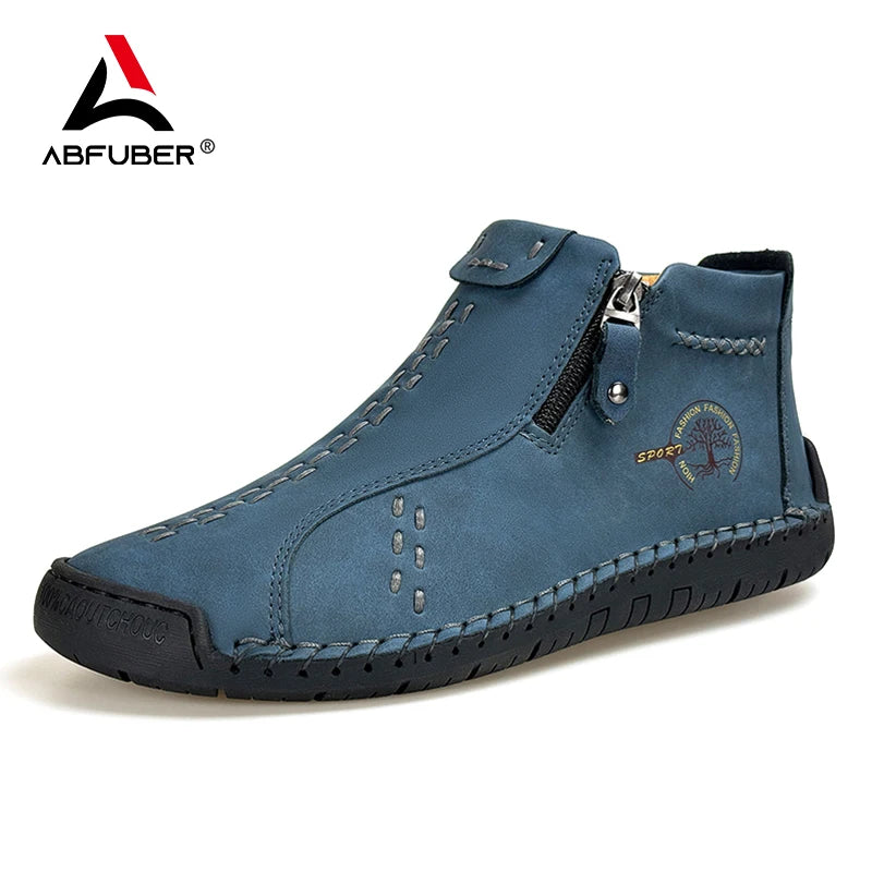 Handmade Leather Casual Shoes For Men Sneakers Men Flat Footwear Zipper Leather Boots Men Ankle Plus Size 39-48