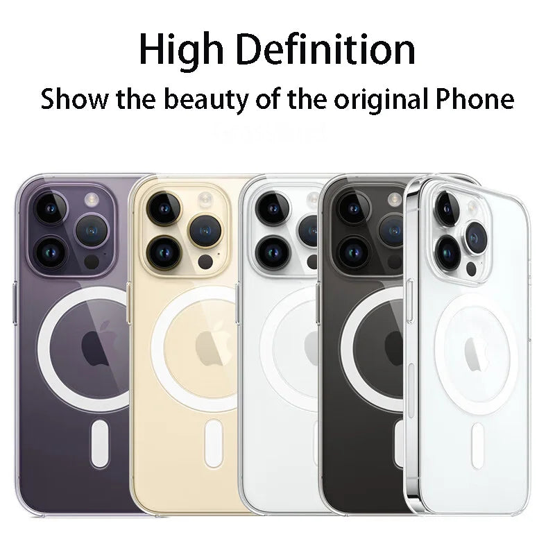 Coque de luxe magnétique sans fil Magsafe pour iPhone 16, 15, 14, 13, 12, 11 Pro, XR, XS Max, 7, 8 Plus, coque arrière transparente