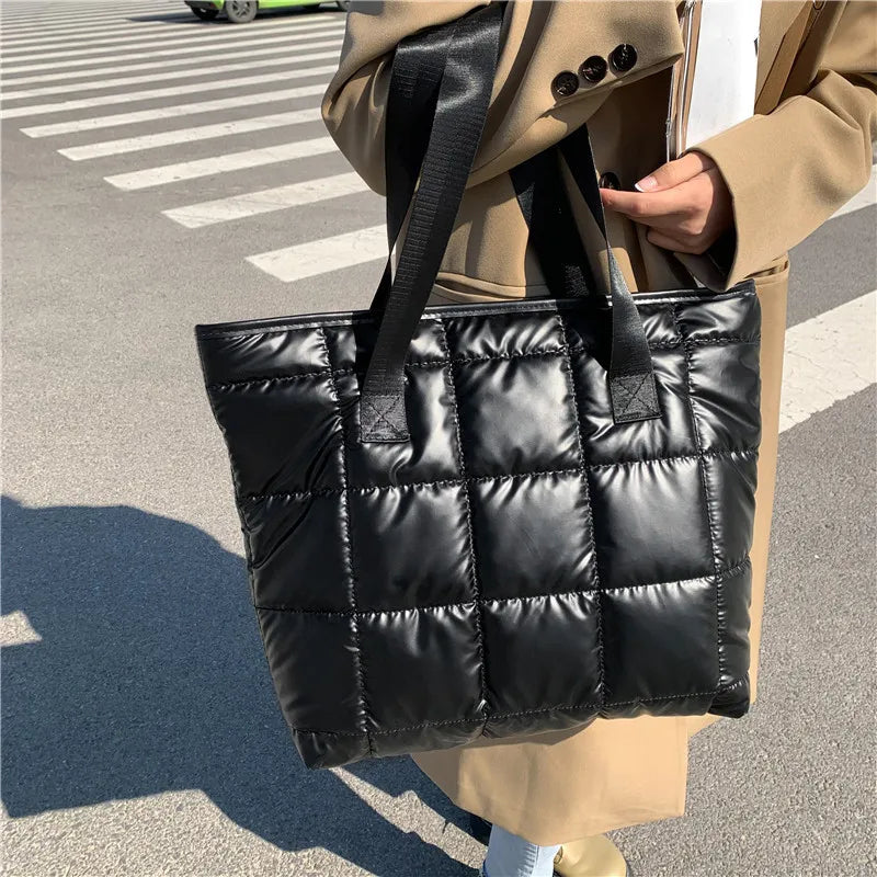 Waterproof Tote Bag for Women Puffer Cotton Padded Shoulder Bag Large Capacity Ladies Handbags Quilted Work Commute Shopping Bag