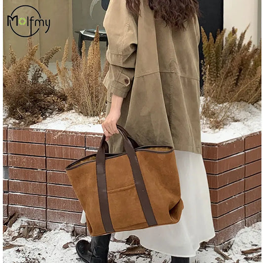 Suede Tote Bag for Women Vintage Designer Luxury Shoulder Bags Large Capacity Winter Handbag Commute Shopping Bolsos De Mujer