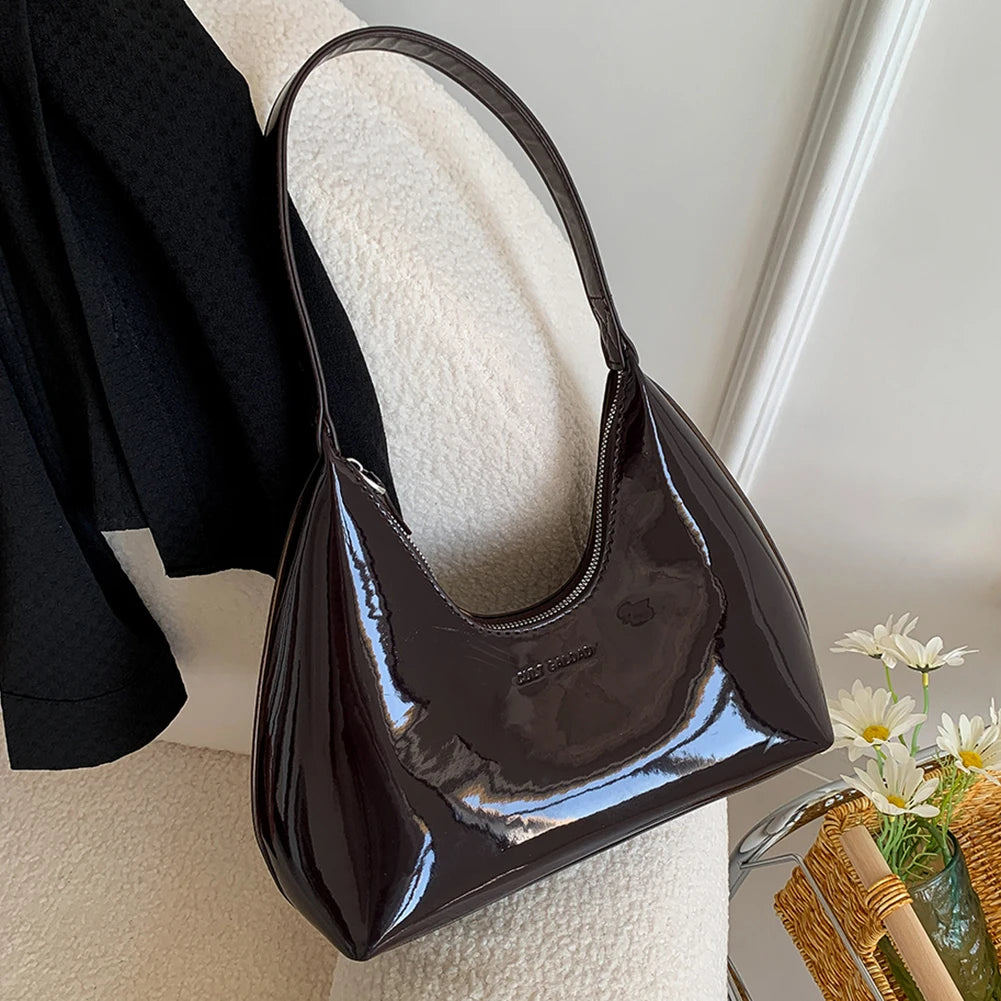 Women Patent Leather Tote Bag Versatile Fashion Shoulder Bag Casual Satchel Hobo Bag Underarm Bag Girl Zipper Small Handbags