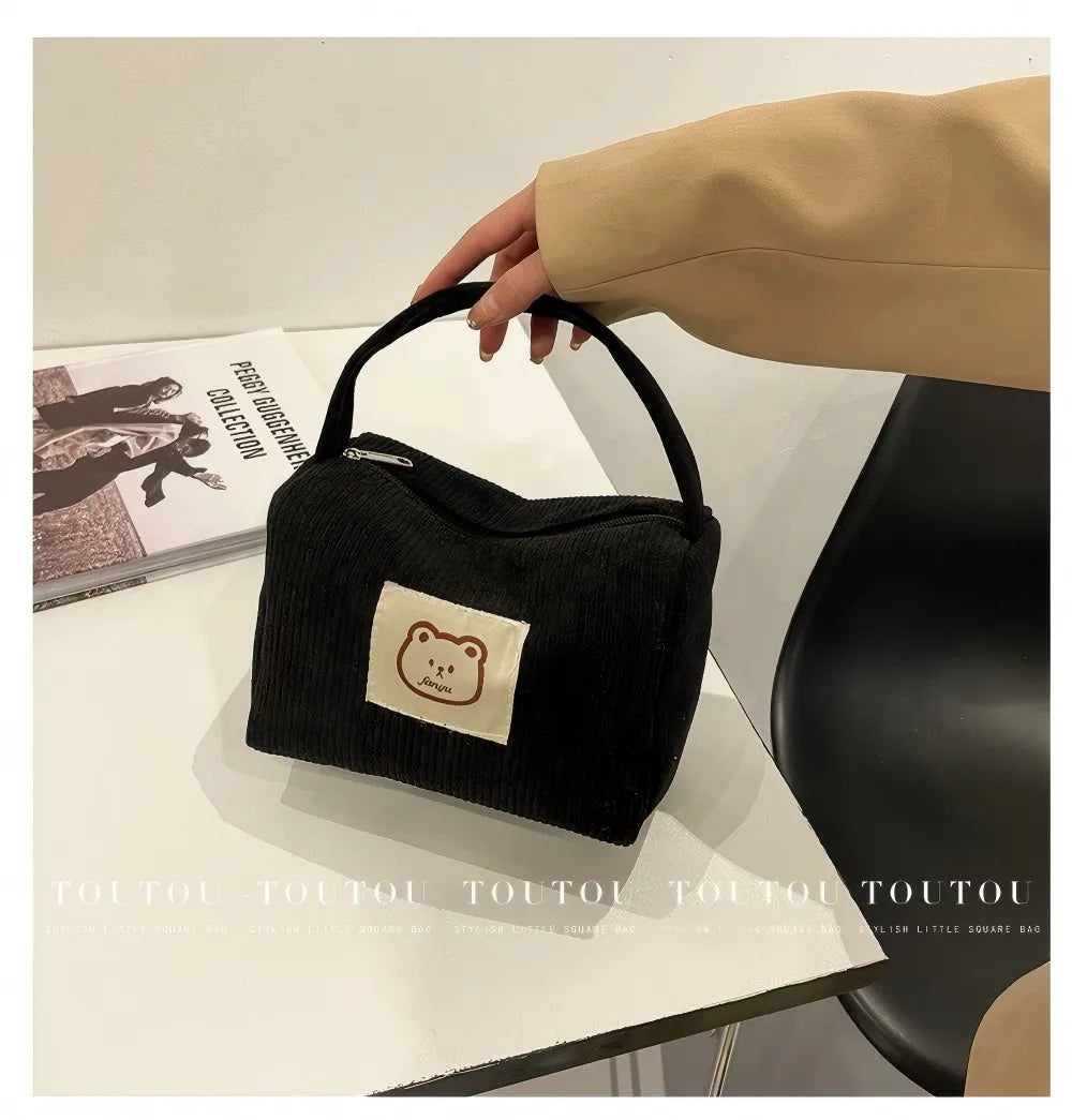 Corduroy Totes Bag Women Ladies Corduroy Shoulder Bag Cute Teddy Bear Pattern Cartoon Embroidery Casual Shoulder Tote