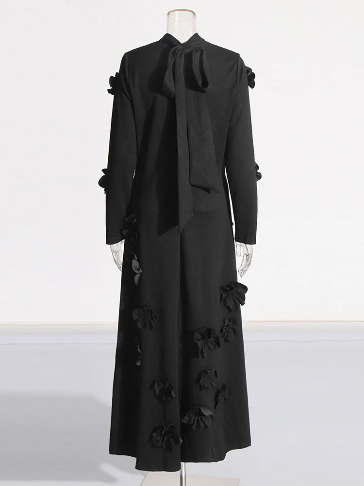 TWOTWINSTYLE Solid Spliced Appliques Slimming Dresses For Women Half High Collar Long Sleeves A Line Temperament Dress Female