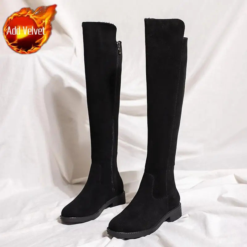 Shoes for Woman Middle Heel Footwear Winter Knee High Shaft Women's Boots Long Flat Gothic Spring Autumn Demi-season Quality Hot