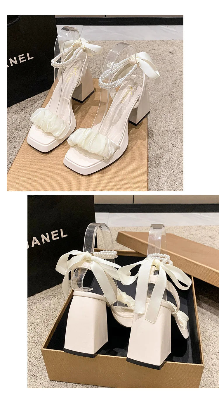 Comfort Shoes for Women Pearl Sandals Suit Female Beige Increasing Height Block Heels All-Match Black Bow 2024 Fashion Chunky Gi