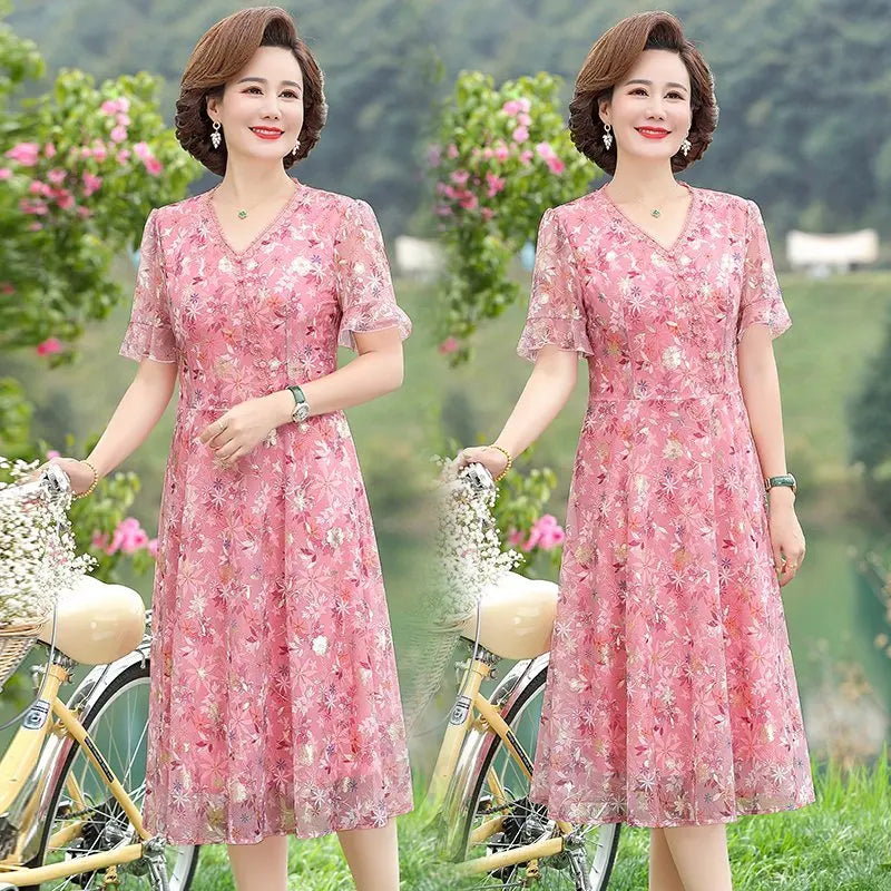 Women Summer Casual Dress Ladies Middle-aged Print Short Sleeve Pleated Dresses Female Vintage V-neck Vestidos