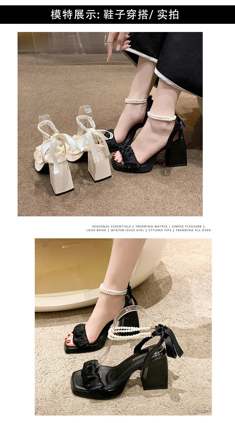 Comfort Shoes for Women Pearl Sandals Suit Female Beige Increasing Height Block Heels All-Match Black Bow 2024 Fashion Chunky Gi