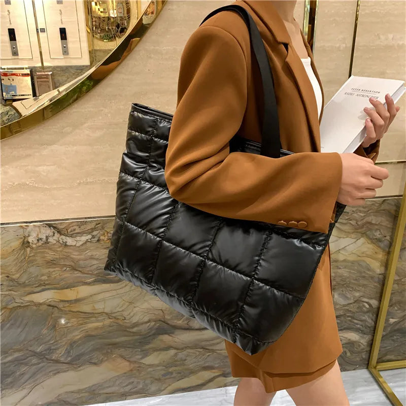 Waterproof Tote Bag for Women Puffer Cotton Padded Shoulder Bag Large Capacity Ladies Handbags Quilted Work Commute Shopping Bag