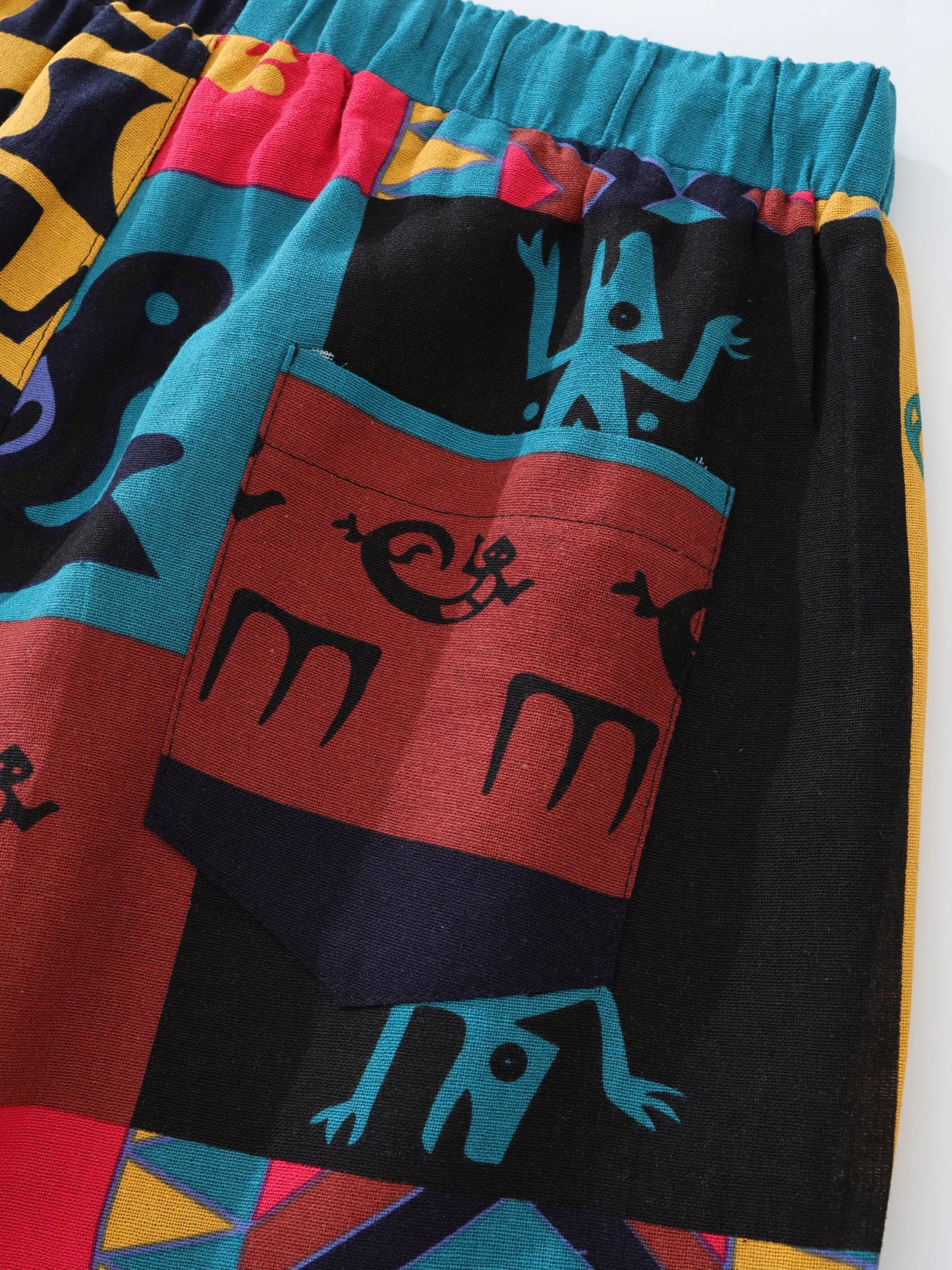 男士波西米亞部落印花彈性亞麻褲棉混紡抽繩輕便長褲帶口袋夏季慢跑褲