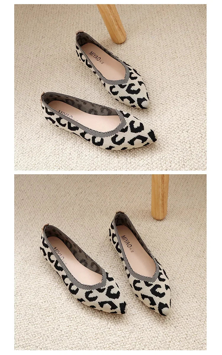 Loafers Flats Leopard Pointed Toe Casual Women Shoes New Knitted Shallow Comfortable Walking Zapatos Wear-resisting Sole