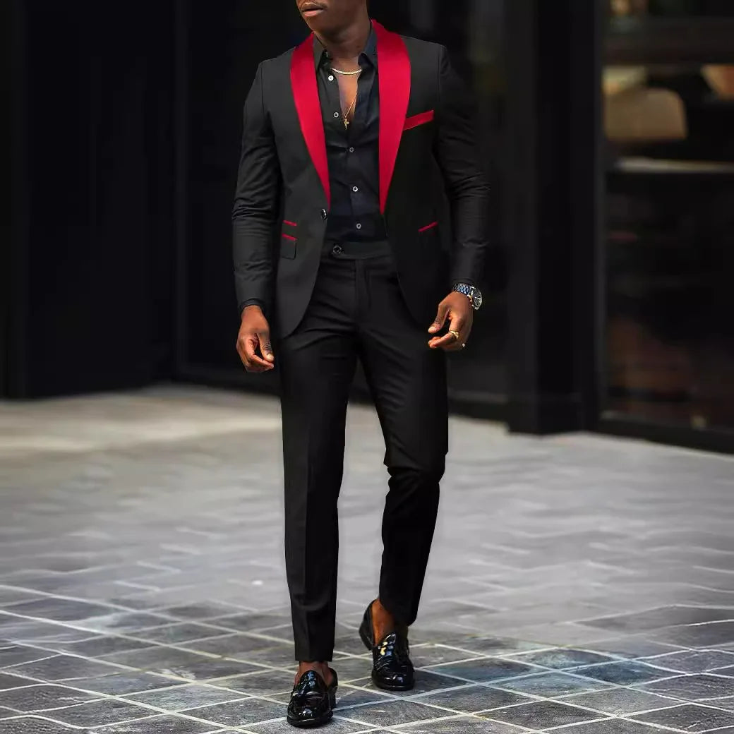 男士新款時尚商務休閒兩件式舒適透氣修身側開叉單扣西裝外套+褲子