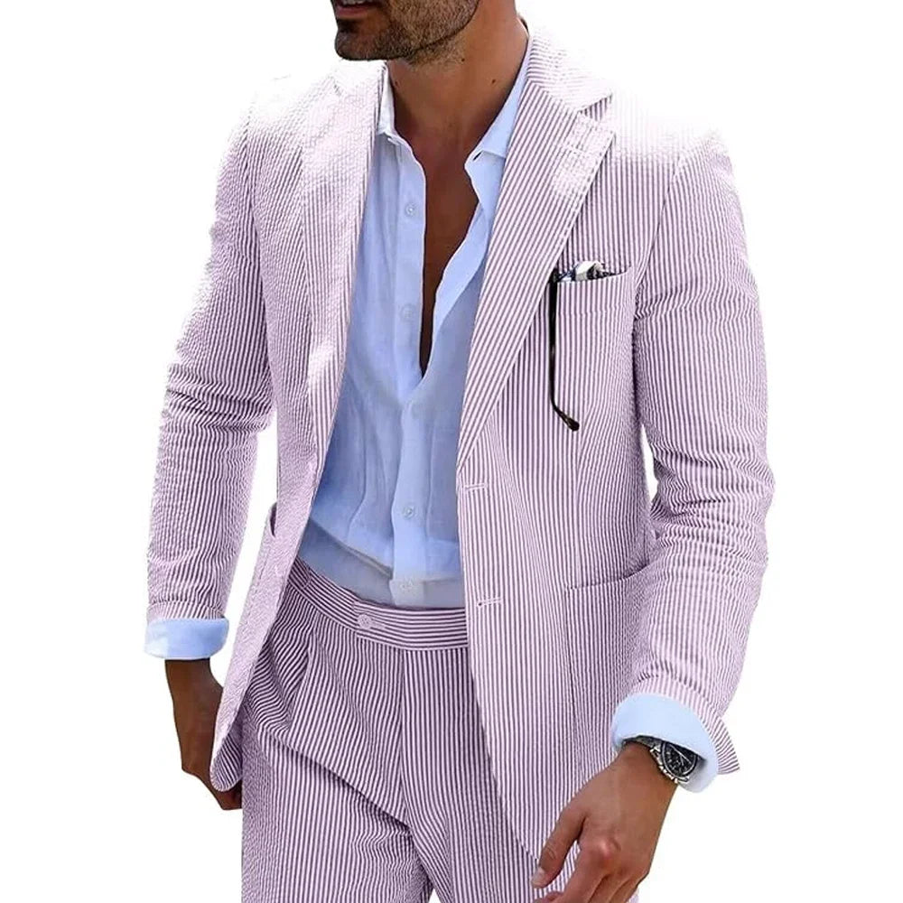 Costume d'été à rayures pour homme, 2 pièces, en seersucker, revers crantés, costume de fête de mariage, veste, pantalon, blazer décontracté, coupe slim