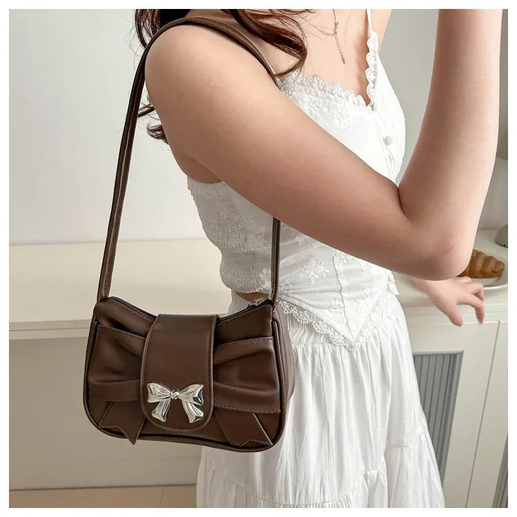 Sweet Bow Small Underarm Bag for Women Fashion PU Leather Ladies Portable Shoulder Bags Solid Color Female Clutch Handbags