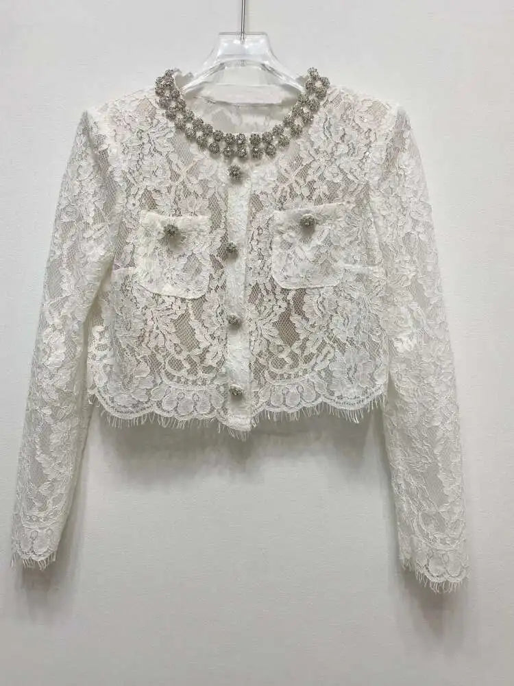 Luxury Lace Long Dress 2 Piece Sets Women 2025 Summer Holiday Hollow Out Embroidery Crystal Beaded Jackets Tops Maxi Skirt Suits