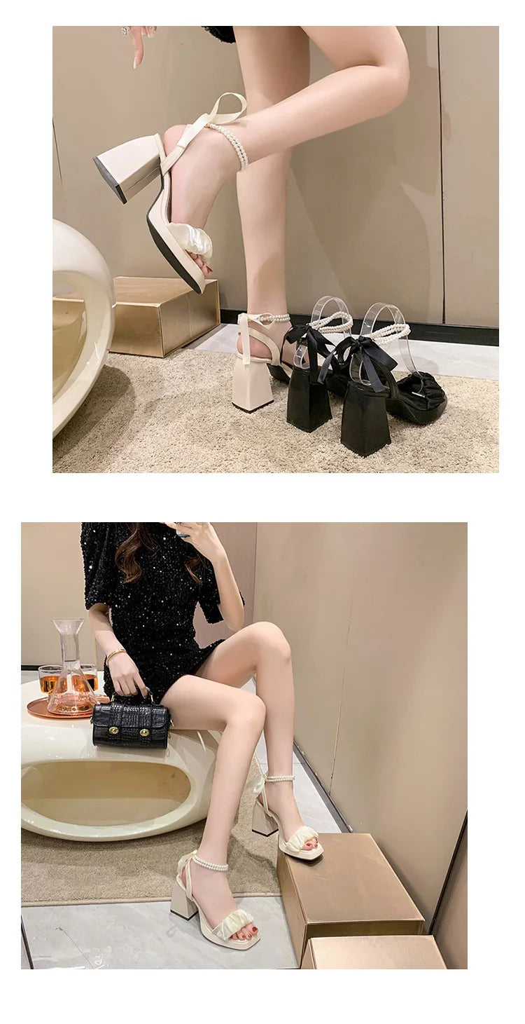 Comfort Shoes for Women Pearl Sandals Suit Female Beige Increasing Height Block Heels All-Match Black Bow 2024 Fashion Chunky Gi