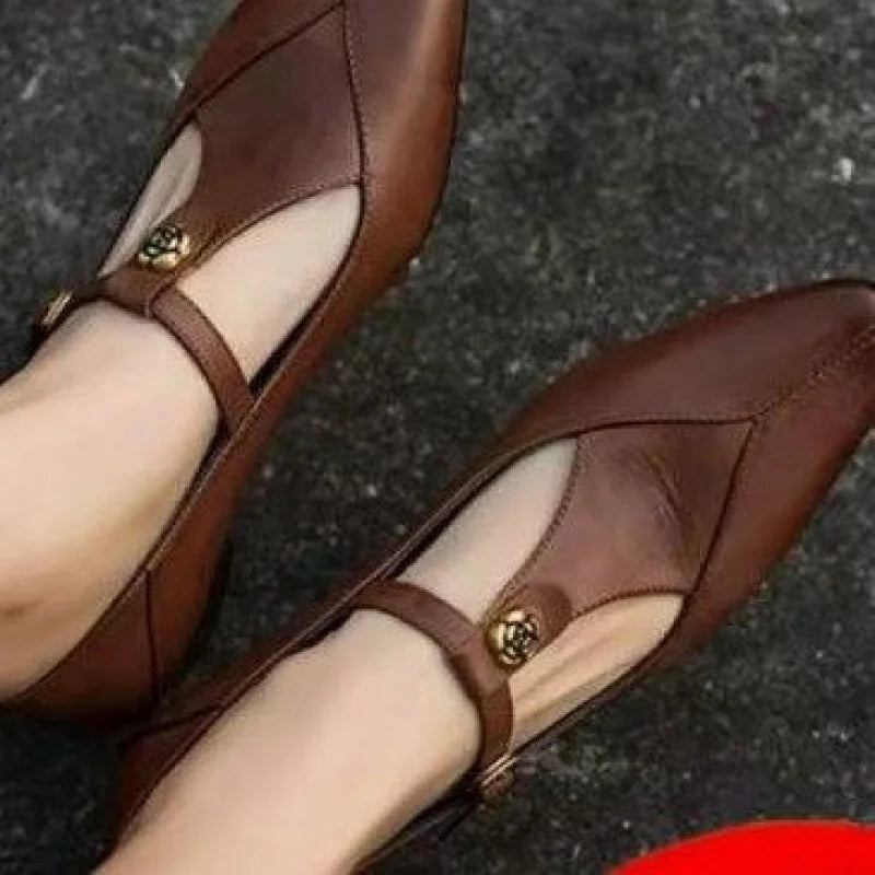 2025 New Vintage Women's Leather Mary Jane Pumps - Pointed-Toe Gold Floral Buckle T-Strap Low Heel Office & Daily Shoes