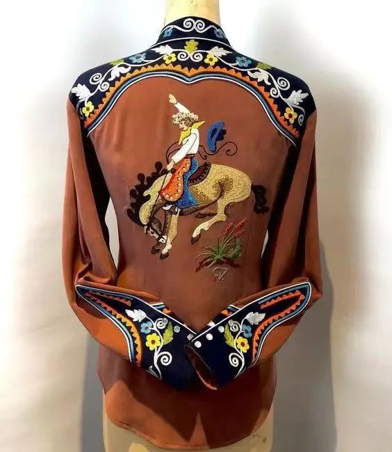 Women Vintage Print Long Sleeve Button Down Slim Shirt 2024 Spring Lady Retro Blouse Tops