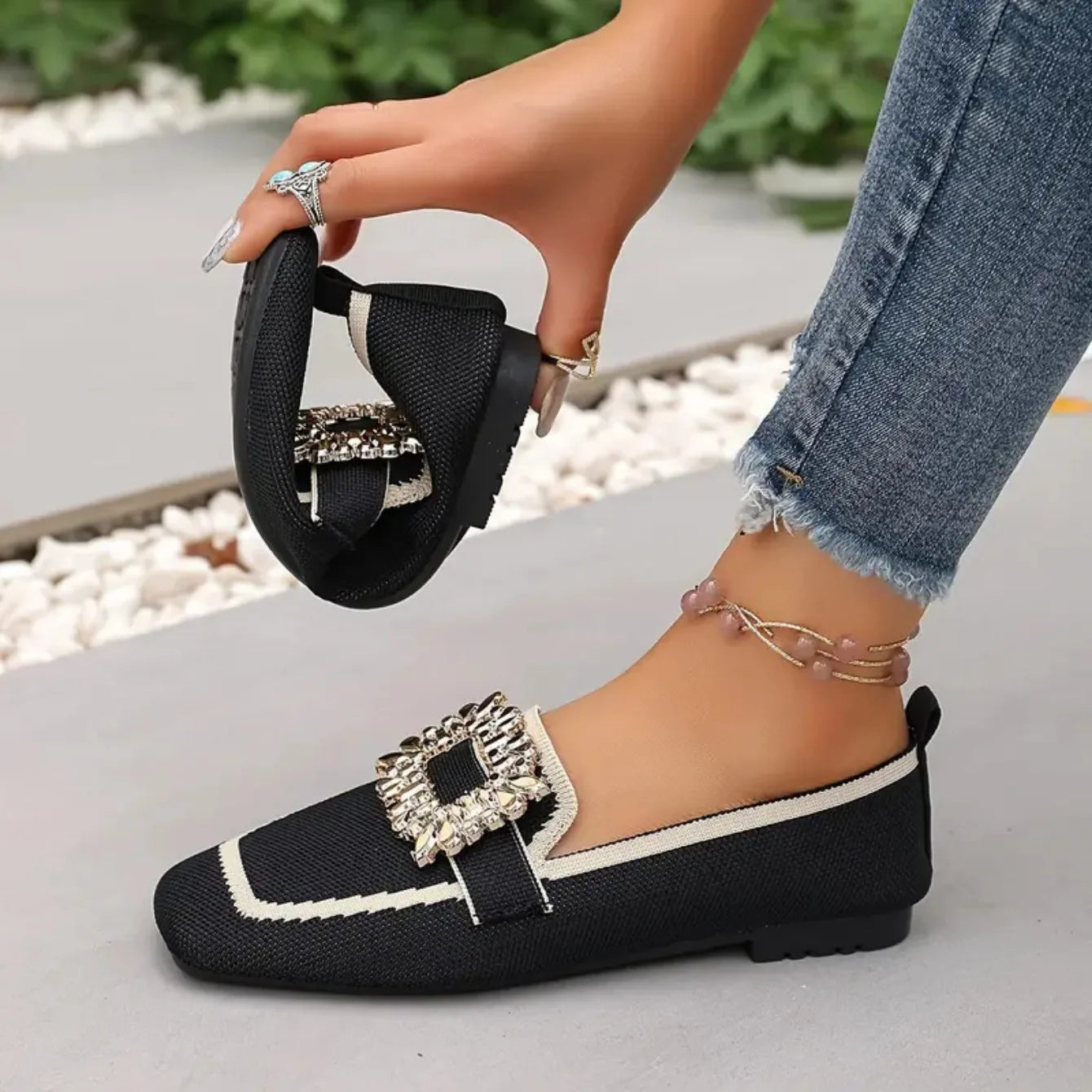 Women Flats Spring 2025 New Large Size Flat Loafers Shoes Women Knitting Slip-on Square Head Breathable Fashion Shoes for Women