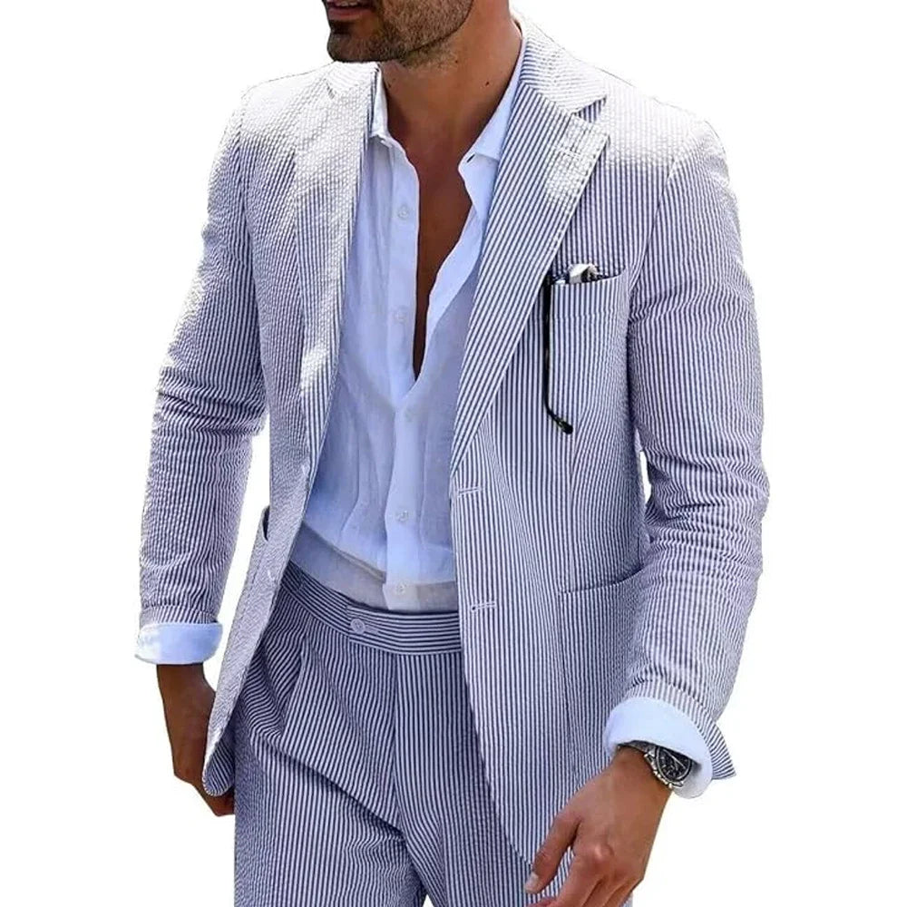 Costume d'été à rayures pour homme, 2 pièces, en seersucker, revers crantés, costume de fête de mariage, veste, pantalon, blazer décontracté, coupe slim