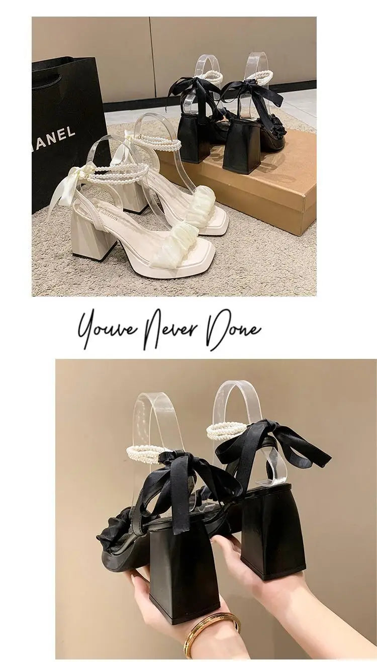 Comfort Shoes for Women Pearl Sandals Suit Female Beige Increasing Height Block Heels All-Match Black Bow 2024 Fashion Chunky Gi