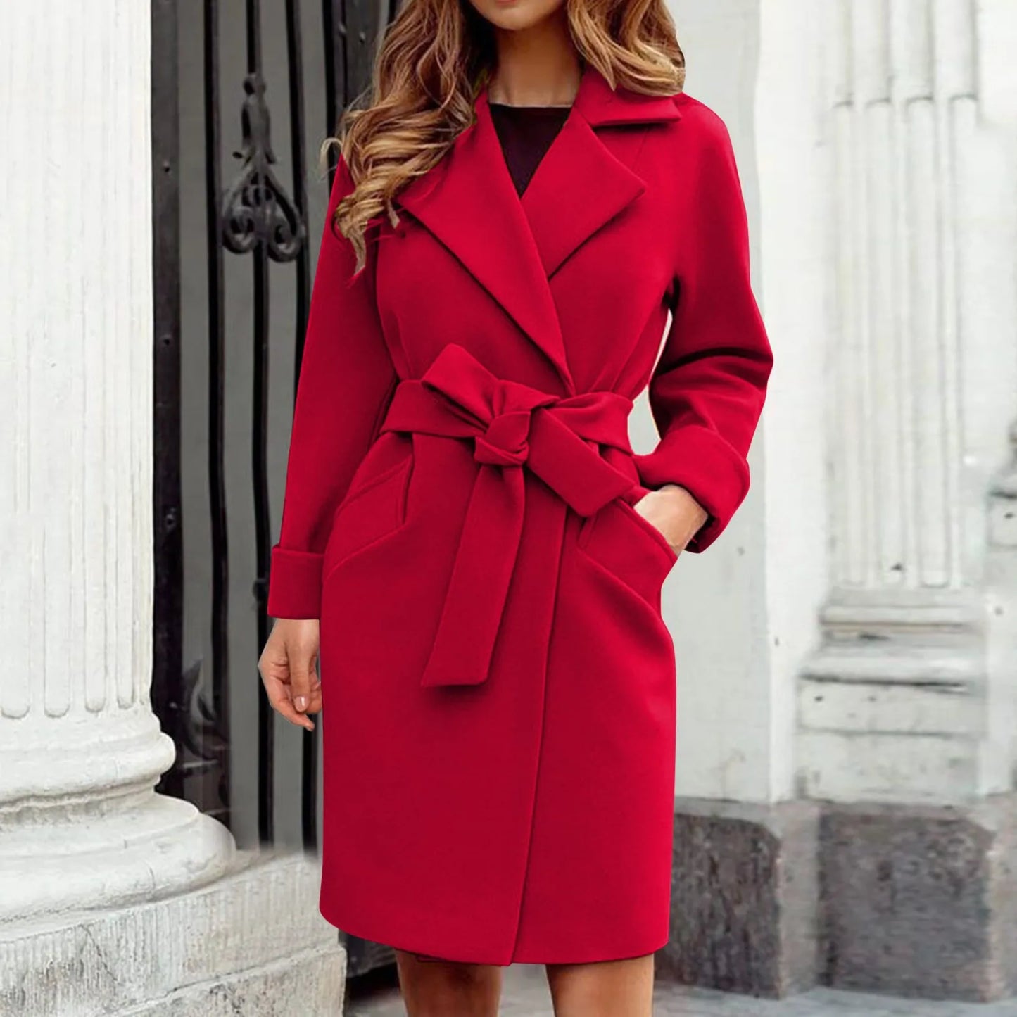 2023 Women Hot Pink Trench Coat Casual Mid Long Overcoat Lapel Open Front Cardigan Outwear Woolen Boot Winter Jackets for Women