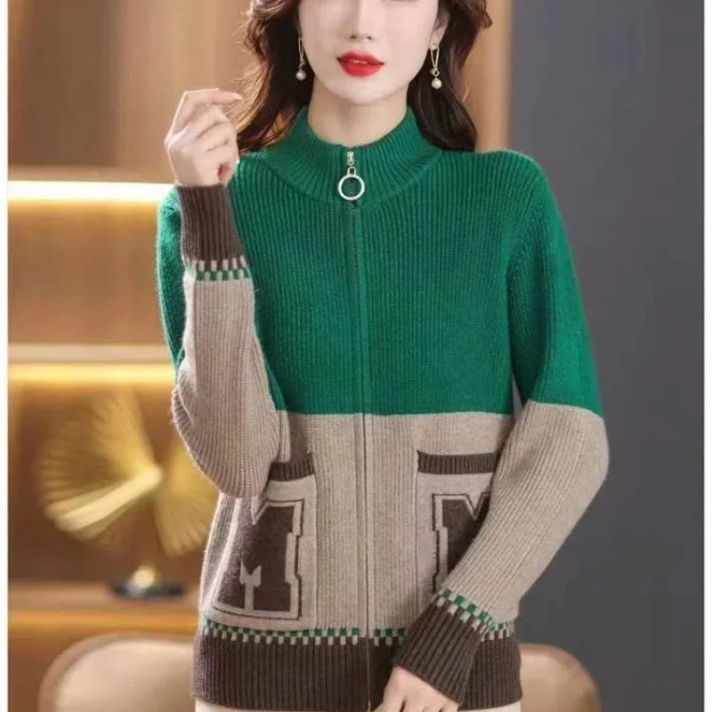 Sping Autumn New Women Sweaters Coats Stand Collar Zipper Contrast Color Pocket Fashion All-match Long Sleeve Cardigan Knit Tops