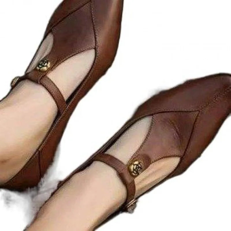 2025 New Vintage Women's Leather Mary Jane Pumps - Pointed-Toe Gold Floral Buckle T-Strap Low Heel Office & Daily Shoes
