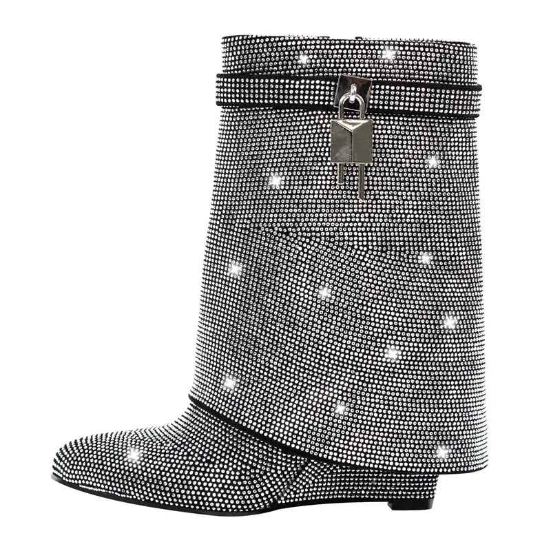 Onlymaker Women Rhinestone Fold Over Lock Shark Skirt Boots Pointed Toe Heel Thick High Heel Female Booties