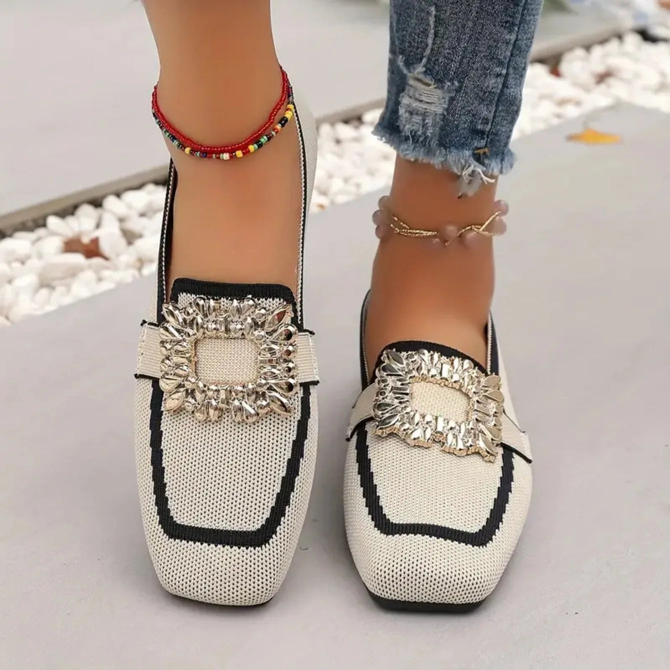 Women Flats Spring 2025 New Large Size Flat Loafers Shoes Women Knitting Slip-on Square Head Breathable Fashion Shoes for Women