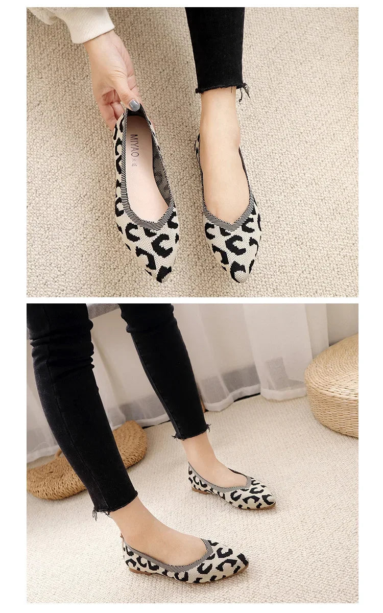Loafers Flats Leopard Pointed Toe Casual Women Shoes New Knitted Shallow Comfortable Walking Zapatos Wear-resisting Sole