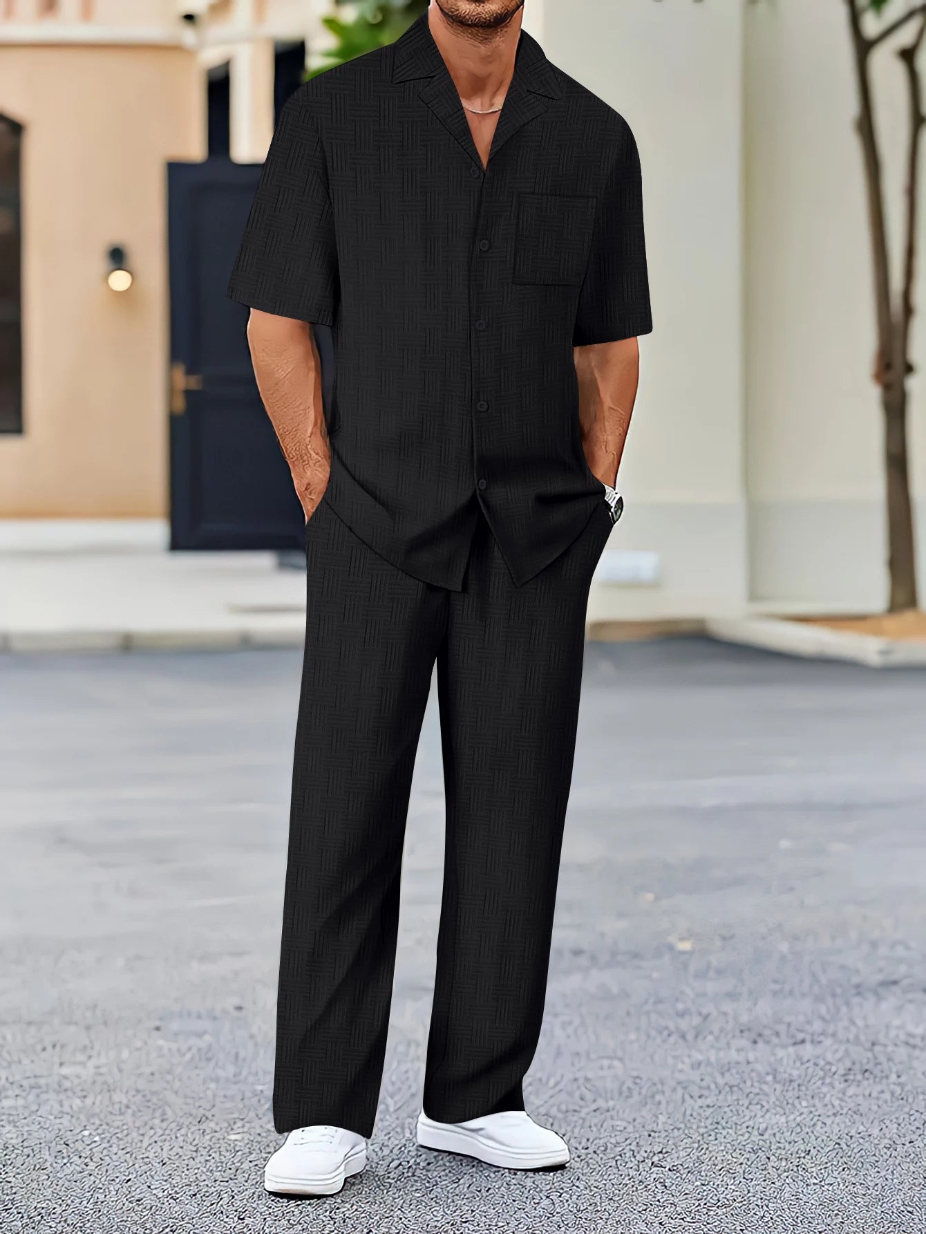 男士時尚春季秋季短袖襯衫帶口袋條紋紮染褲休閒裝兩件套日常穿著