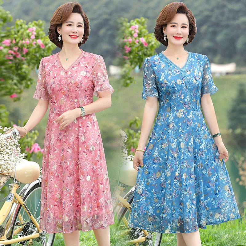 Women Summer Casual Dress Ladies Middle-aged Print Short Sleeve Pleated Dresses Female Vintage V-neck Vestidos