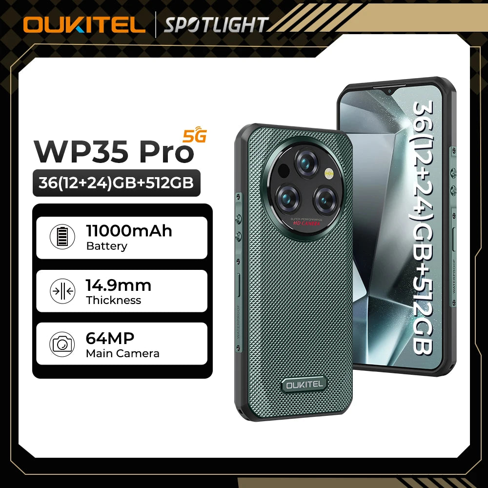 Oukitel WP35 Pro 11000mAh Rugged Smartphone 5G 11000mAh 36GB+512GB Andiron 14 64MP NFC Cell Phone