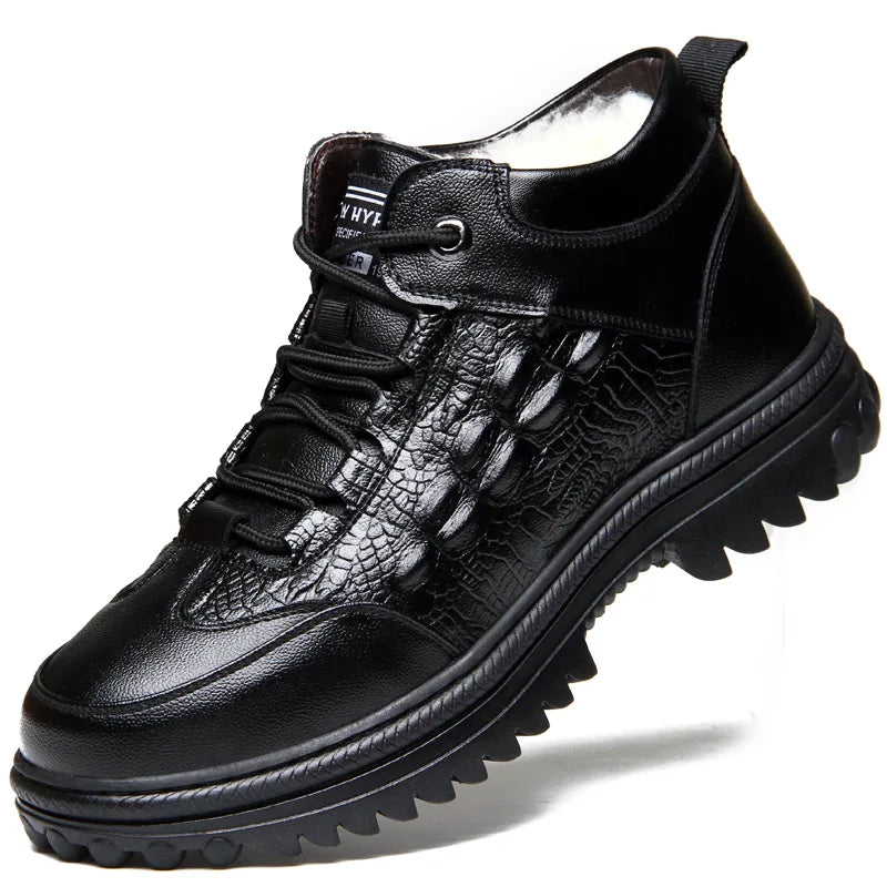 Men Genuine Leather Crocodile Print Sneakers Men's Casual Shoes Luxury British Fashion Leather Shoes Wool Inside Warm Snow Boots
