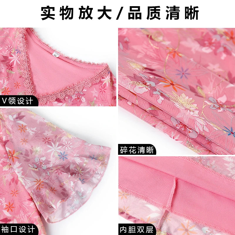 Women Summer Casual Dress Ladies Middle-aged Print Short Sleeve Pleated Dresses Female Vintage V-neck Vestidos