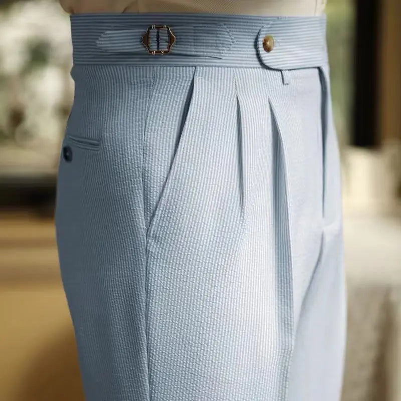 義式那不勒斯西裝褲男士藍條紋泡泡紗高腰巴黎扣褲時尚英倫商務休閒褲